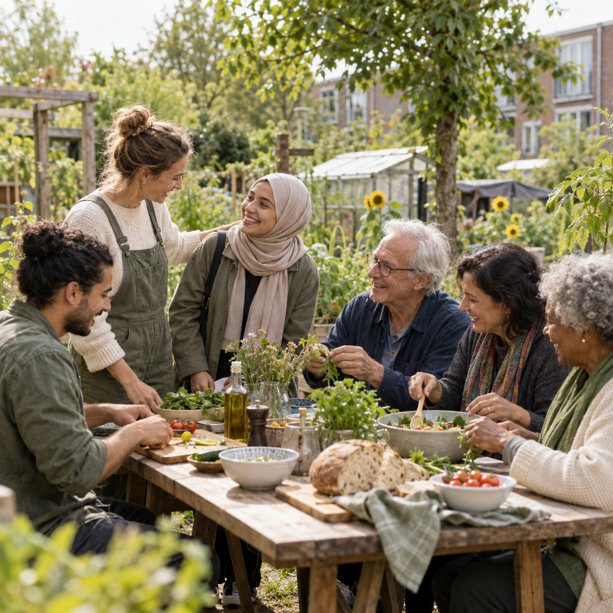 Buurtgenoten maken samen een lunch in een gemeenschappelijke tuin